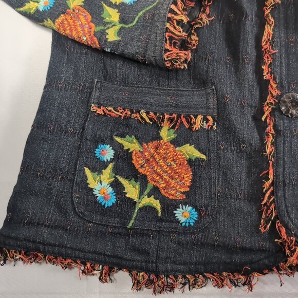Yak Magik Denim Jacket Collar Embroidered Floral Fringe Sequin Blazer Blue Red L - Picture 13 of 16